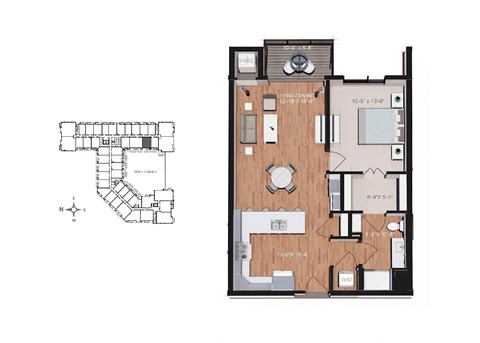 Floor plan for 1 bed, 1 bath, 792 sqft